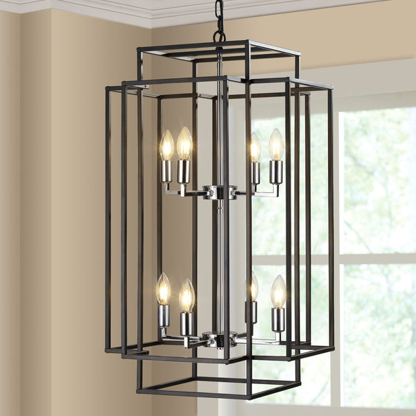 8-Light Lantern Tiered Wrought Iron Finish Farmhouse Pendant Light