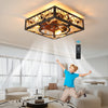 Caged Flush Mount 18" Ceiling Fan with Lights and Remote Black Square Low Profile Small Farmhouse