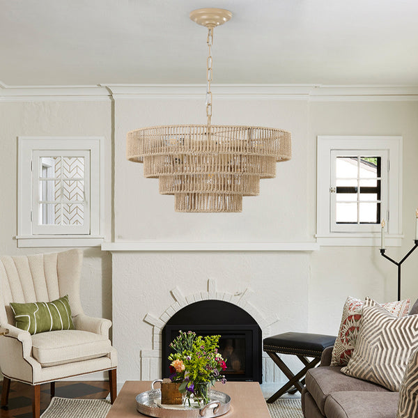 Hand-Woven Rattan Round Transitional Minimalist Boho Large Chandeliers