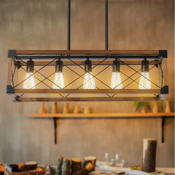 Modern Farmhouse Linear Rectangular Box Rustic Wood Grain Pendant Lights