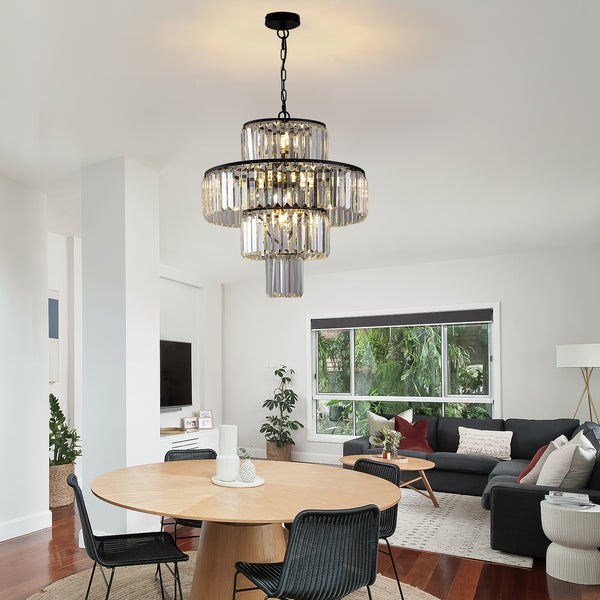 Modern 4-Tier Black Crystal Chandelier for Dining Room