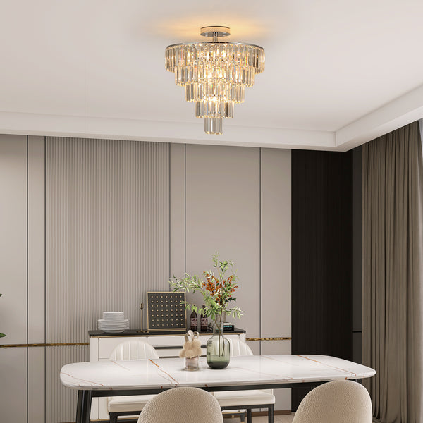 Modern Luxury Crystal Chandeliers,5-Tier Round Large Semi Flush Mount Chandeliers