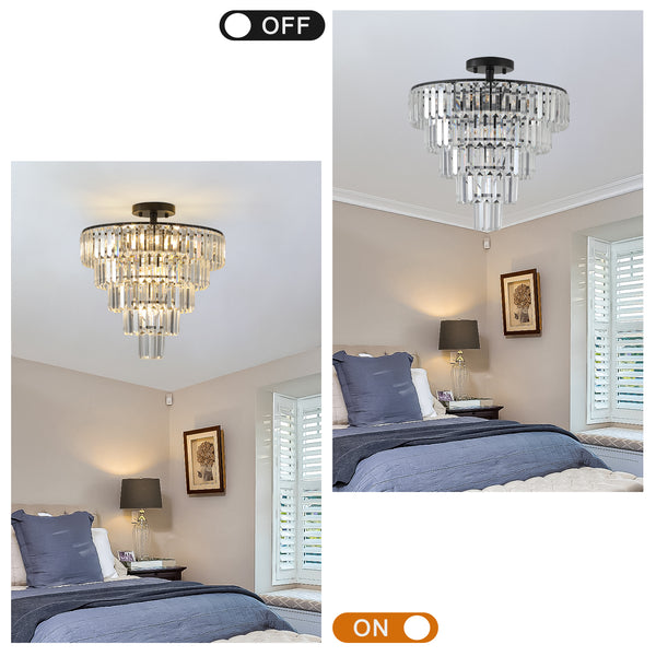 Modern Luxury Crystal Chandeliers,5-Tier Round Large Semi Flush Mount Chandeliers