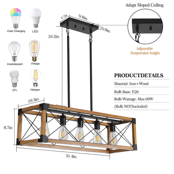 Modern Farmhouse Linear Rectangular Box Rustic Wood Grain Pendant Lights