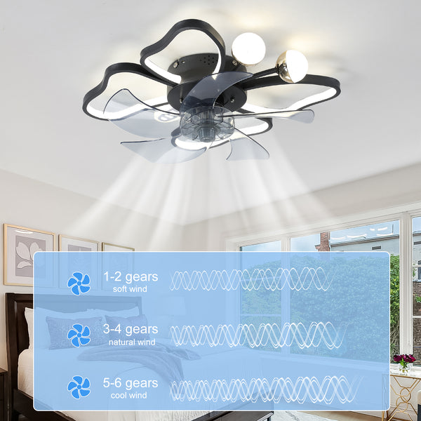 Low-Profile Flush Mount Black Butterfly Ceiling Fan with Lights Modern Dimmable Light APP & Remote Control