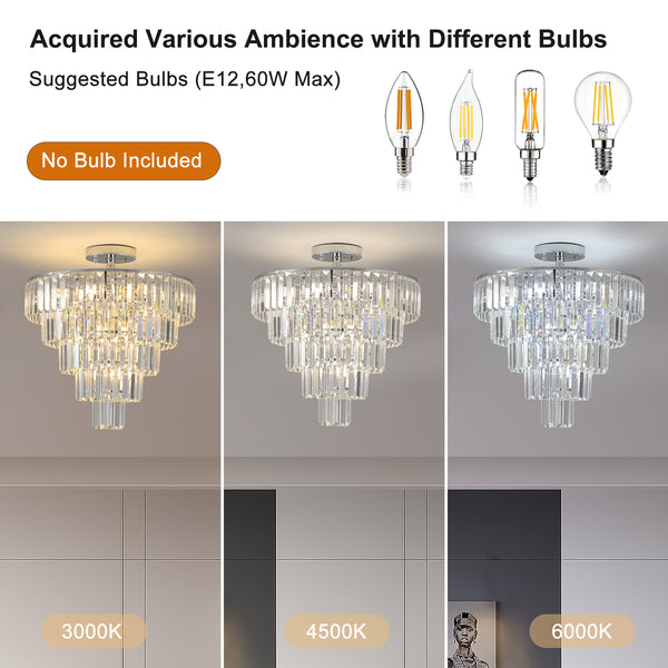 Modern Luxury Crystal Chandeliers,5-Tier Round Large Semi Flush Mount Chandeliers