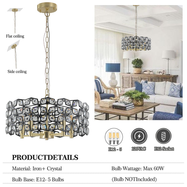 Modern 5-Light Black Crystal Round Chandeliers