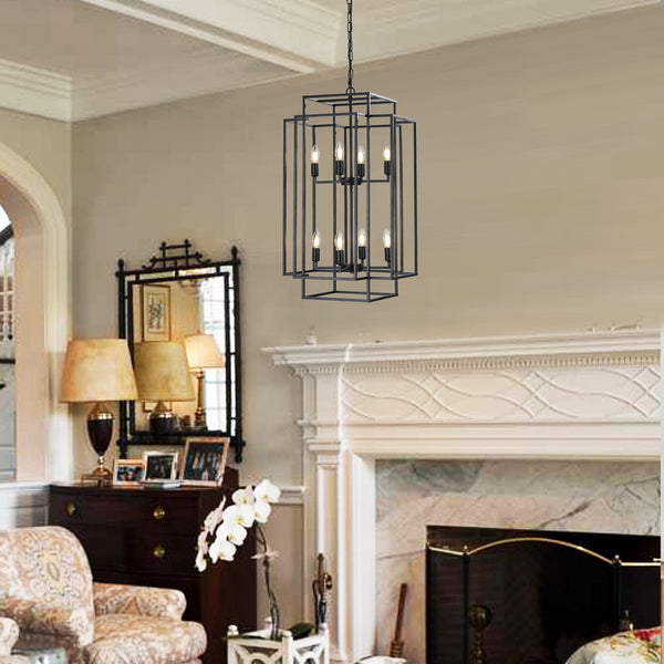 8-Light Lantern Tiered Wrought Iron Finish Farmhouse Pendant Light