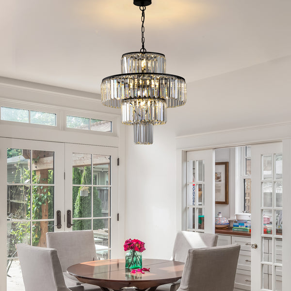 Modern 4-Tier Black Crystal Chandelier for Dining Room