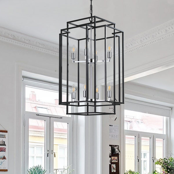 8-Light Lantern Tiered Wrought Iron Finish Farmhouse Pendant Light