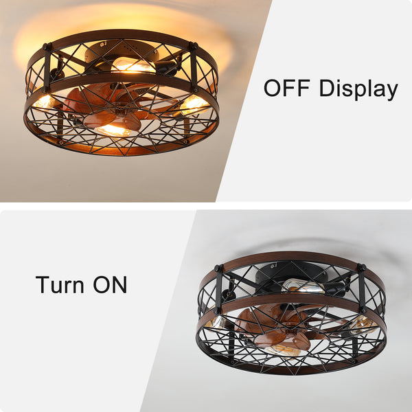 Retro Small Caged 20” Ceiling Fan with Light Flush Mount Remote Control Low-Profile