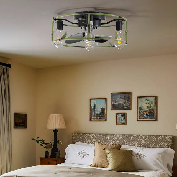 Rustic Farmhouse Bamboo Design Caged Ceiling Fans with Lights and Remote Control