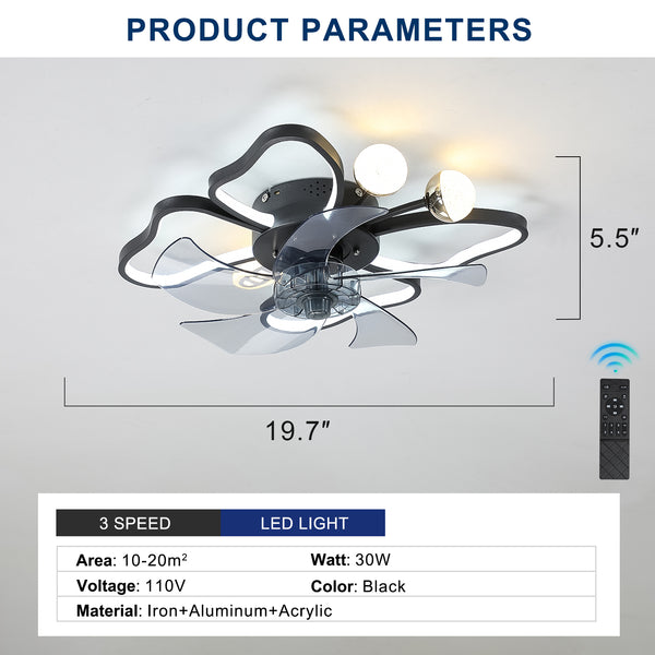 Low-Profile Flush Mount Black Butterfly Ceiling Fan with Lights Modern Dimmable Light APP & Remote Control