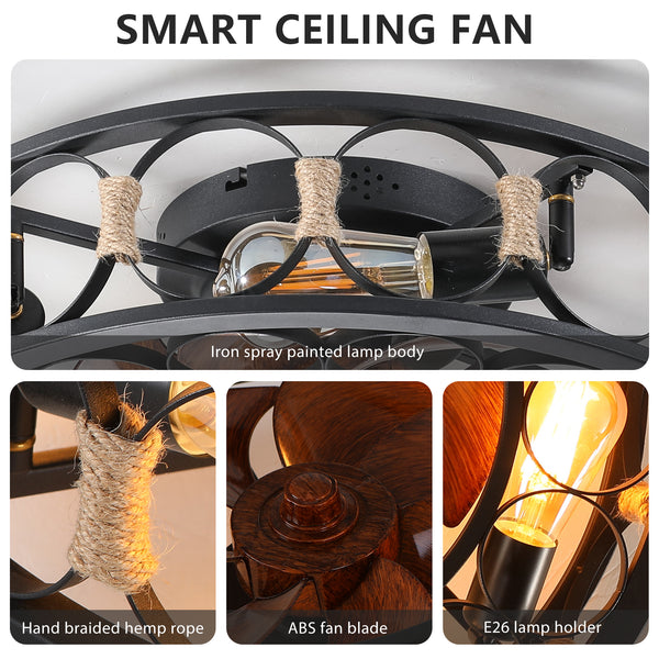 Retro Small Caged 20”Ceiling Fan with Light Flush Mount Remote Control Low-Profile