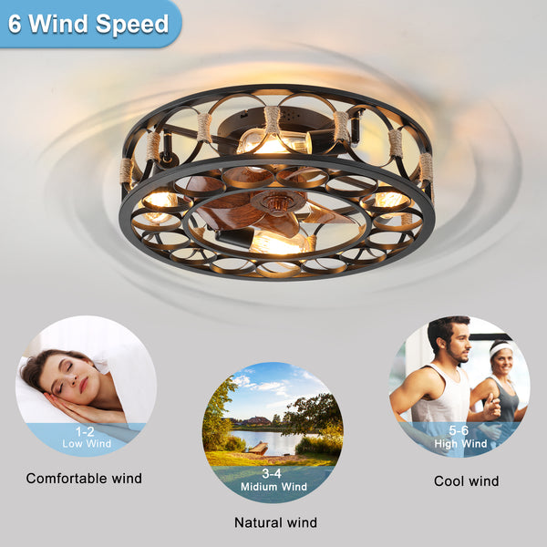 Retro Small Caged 20”Ceiling Fan with Light Flush Mount Remote Control Low-Profile