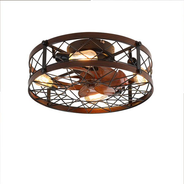 Retro Small Caged 20” Ceiling Fan with Light Flush Mount Remote Control Low-Profile