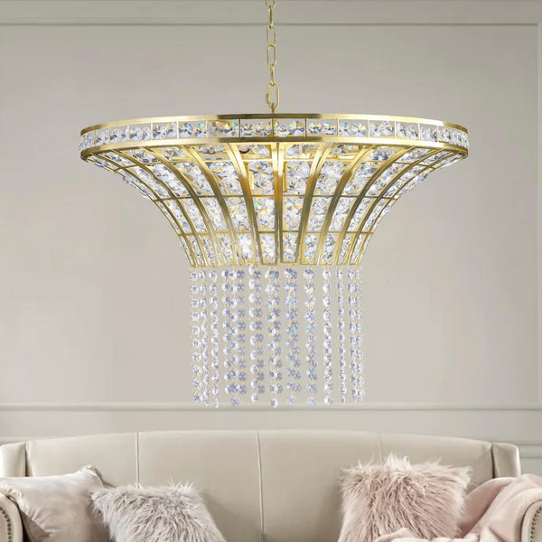 Modern Crystal Wide Waterfall Frosted Gold Chandeliers